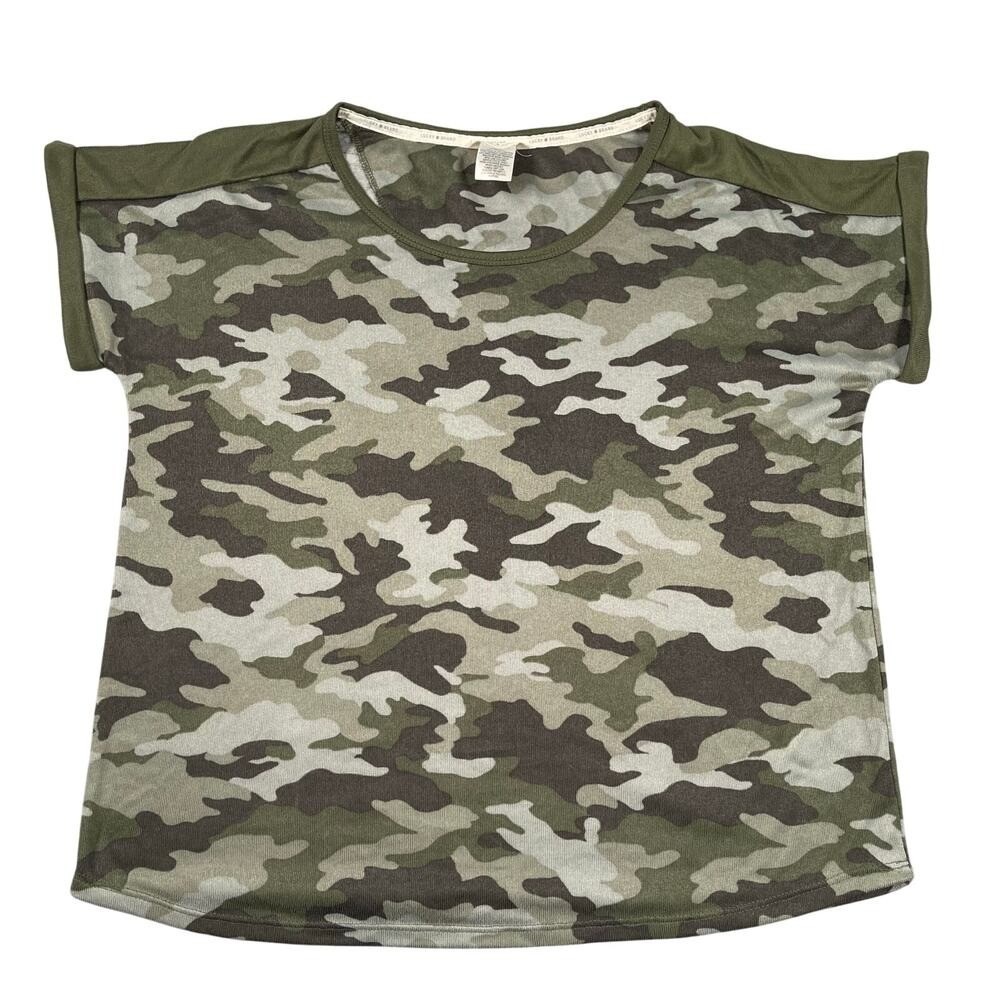 Lucky Brand Camo Top Womens XL Green Short Sleeve Cloud Jersey Scoop Neck Tee‎